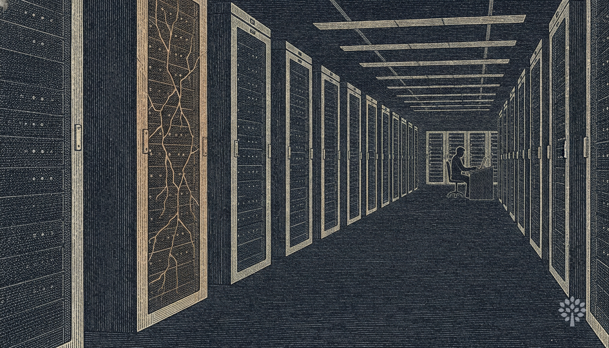 Gravura técnica escura de um agente de IA dentro de um datacenter